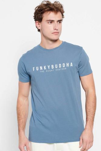 Funky Buddha ανδρικό βαμβακερό T-shirt μονόχρωμο με logo print και patch μπροστά - FBM007-329-04 Μπλε Ραφ